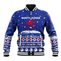 North Korea Christmas Baseball Jacket with Blue Pattern, Red Star, and Snowy Mountain Motif - Wonder Print Shop