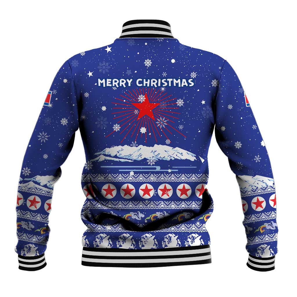 North Korea Christmas Baseball Jacket with Blue Pattern, Red Star, and Snowy Mountain Motif - Wonder Print Shop