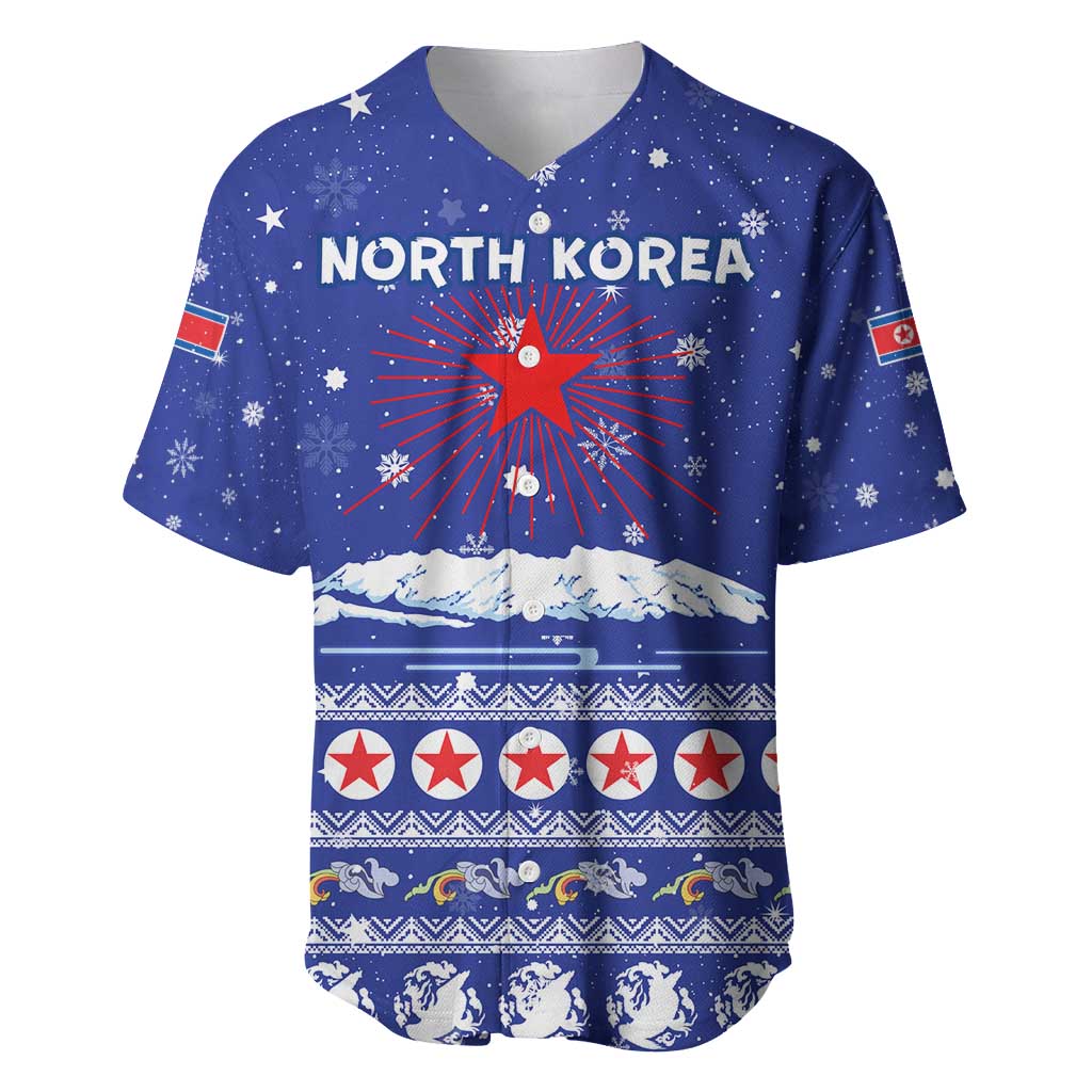 North Korea Christmas Baseball Jersey with Blue Pattern, Red Star, and Snowy Mountain Motif - Wonder Print Shop