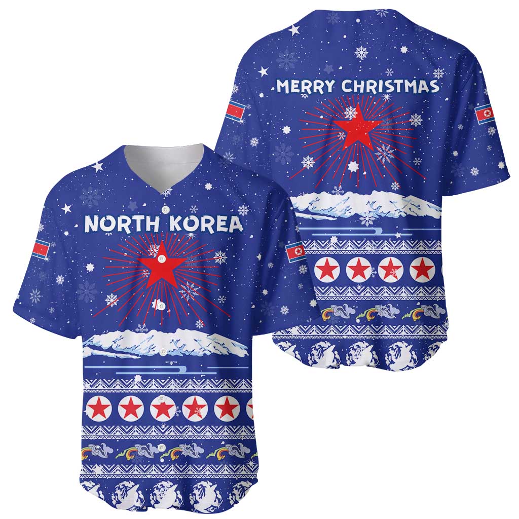 North Korea Christmas Baseball Jersey with Blue Pattern, Red Star, and Snowy Mountain Motif - Wonder Print Shop