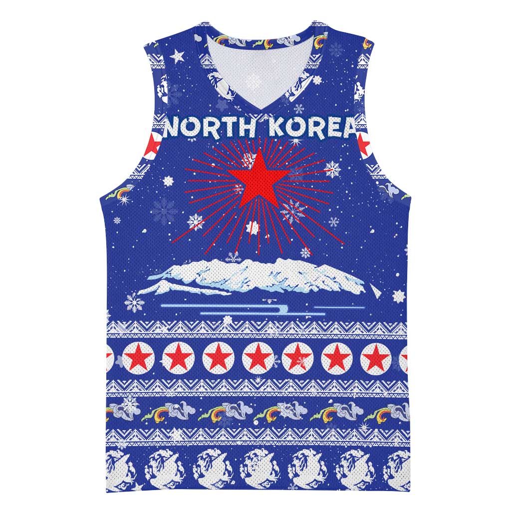 North Korea Christmas Basketball Jersey with Blue Pattern, Red Star, and Snowy Mountain Motif - Wonder Print Shop