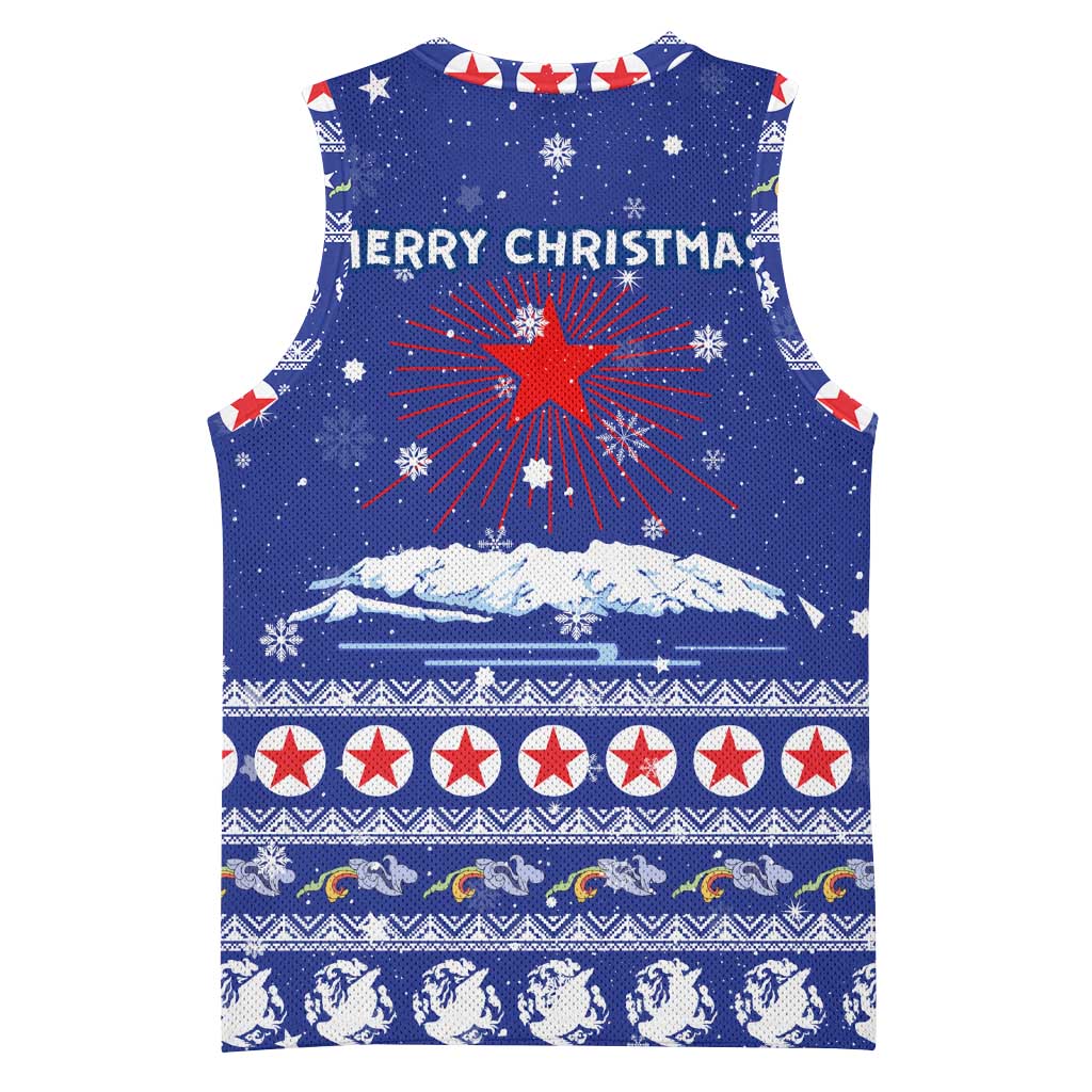 North Korea Christmas Basketball Jersey with Blue Pattern, Red Star, and Snowy Mountain Motif - Wonder Print Shop