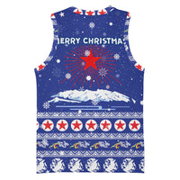 North Korea Christmas Basketball Jersey with Blue Pattern, Red Star, and Snowy Mountain Motif - Wonder Print Shop