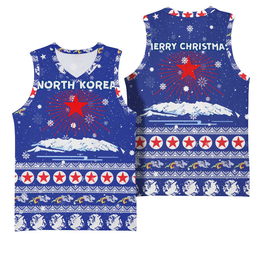 North Korea Christmas Basketball Jersey with Blue Pattern, Red Star, and Snowy Mountain Motif - Wonder Print Shop