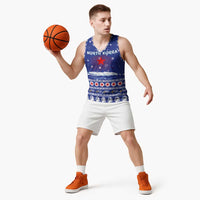 North Korea Christmas Basketball Jersey with Blue Pattern, Red Star, and Snowy Mountain Motif - Wonder Print Shop