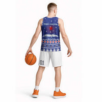 North Korea Christmas Basketball Jersey with Blue Pattern, Red Star, and Snowy Mountain Motif - Wonder Print Shop