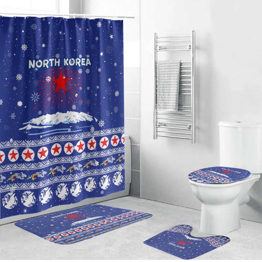 North Korea Christmas Bathroom Set with Blue Pattern, Red Star, and Snowy Mountain Motif - Wonder Print Shop