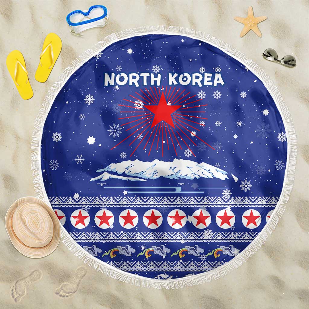 North Korea Christmas Beach Blanket with Blue Pattern, Red Star, and Snowy Mountain Motif - Wonder Print Shop
