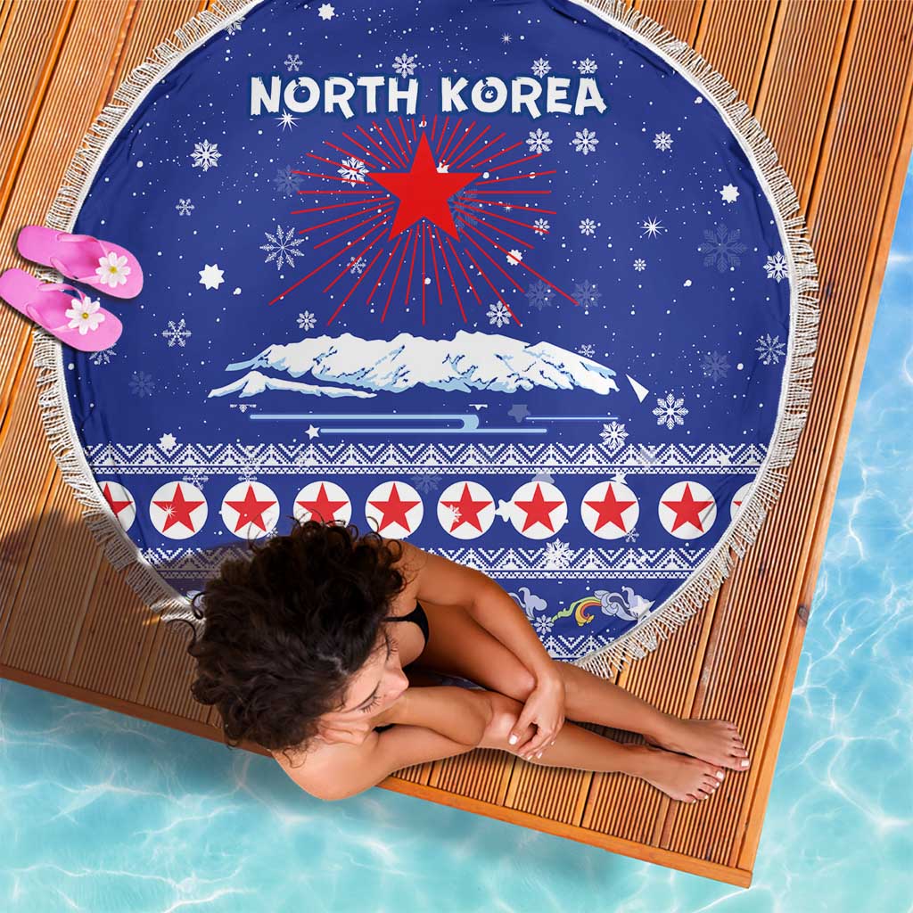 North Korea Christmas Beach Blanket with Blue Pattern, Red Star, and Snowy Mountain Motif - Wonder Print Shop