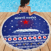 North Korea Christmas Beach Blanket with Blue Pattern, Red Star, and Snowy Mountain Motif - Wonder Print Shop