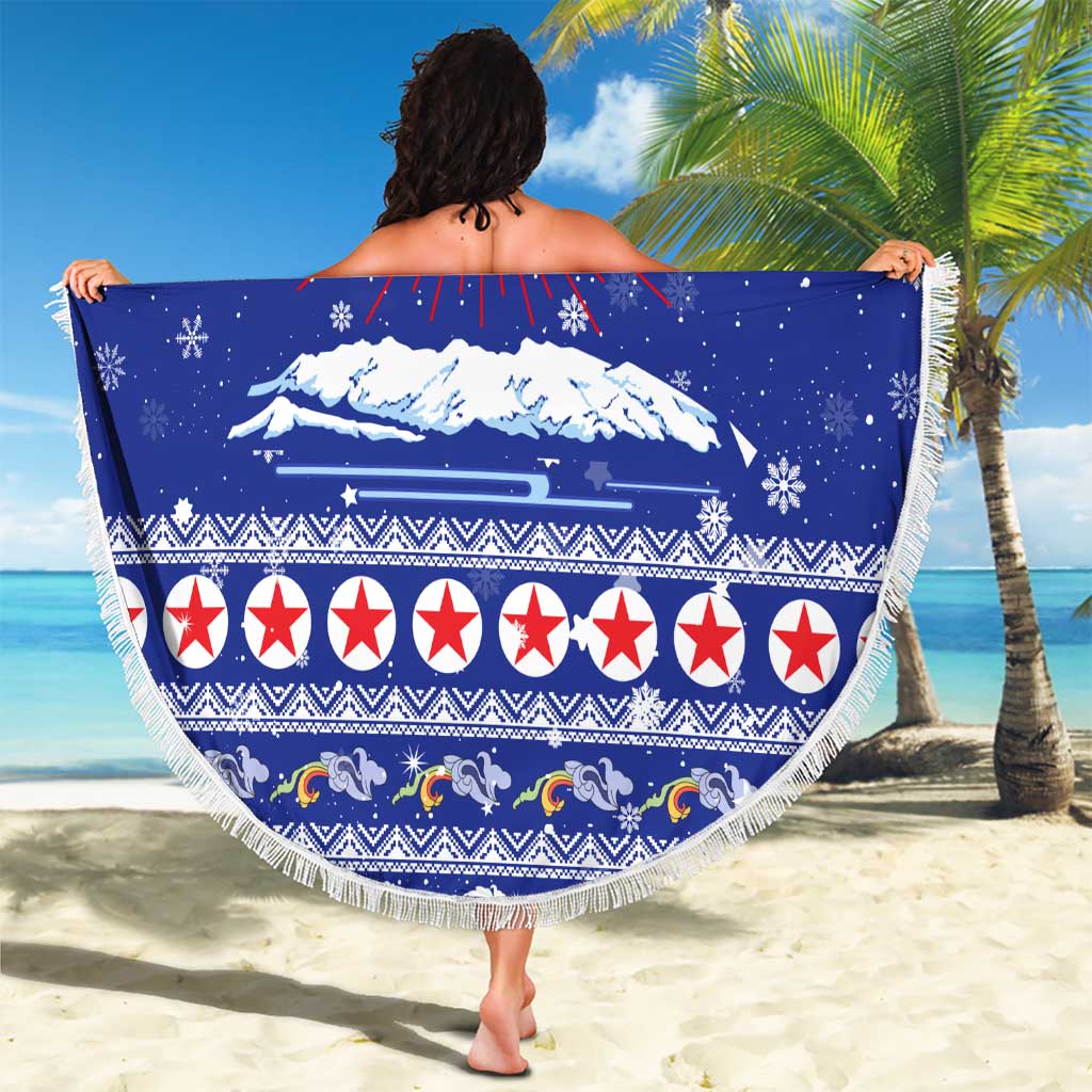 North Korea Christmas Beach Blanket with Blue Pattern, Red Star, and Snowy Mountain Motif - Wonder Print Shop