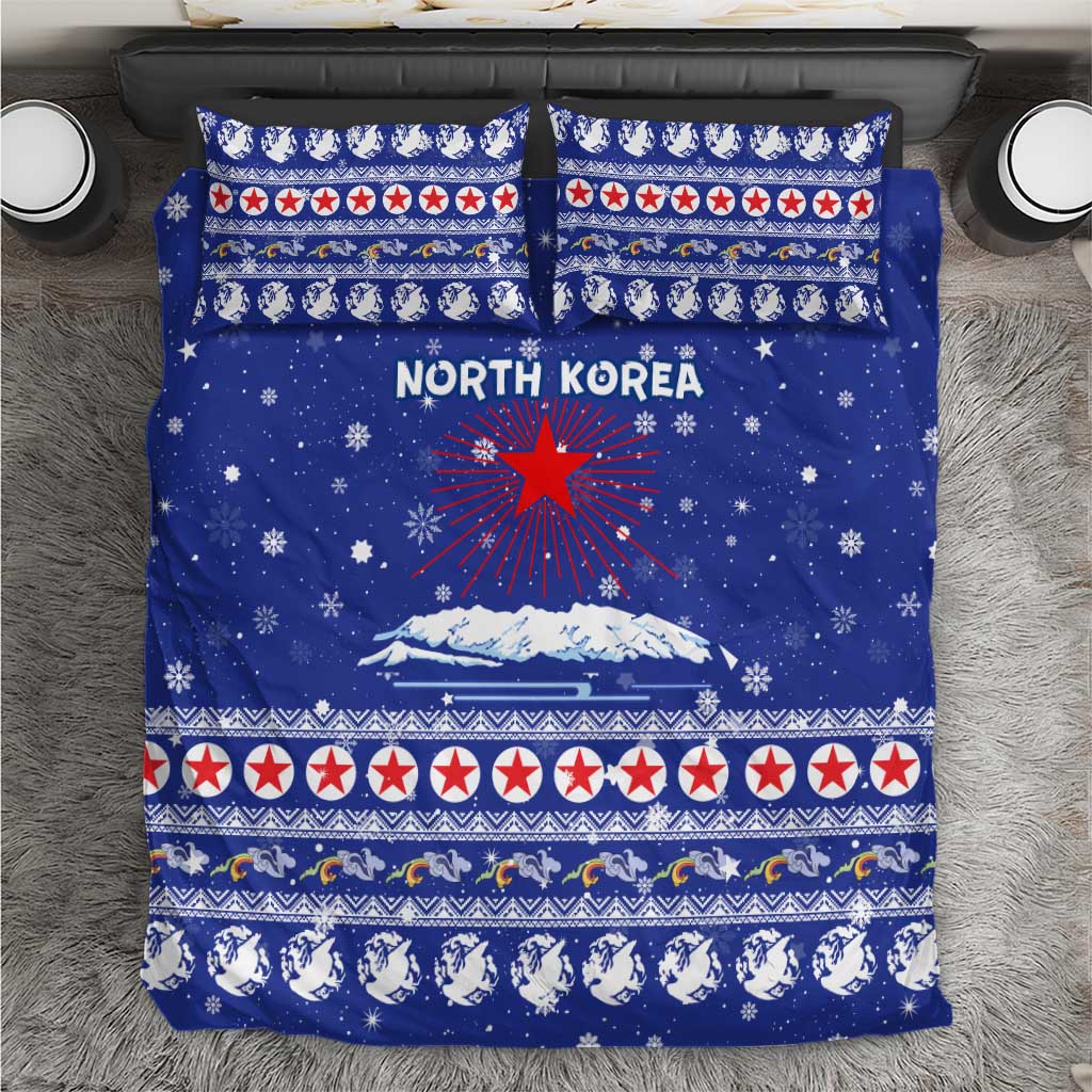 North Korea Christmas Bedding Set with Blue Pattern, Red Star, and Snowy Mountain Motif - Wonder Print Shop