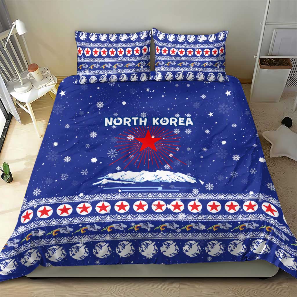 North Korea Christmas Bedding Set with Blue Pattern, Red Star, and Snowy Mountain Motif - Wonder Print Shop