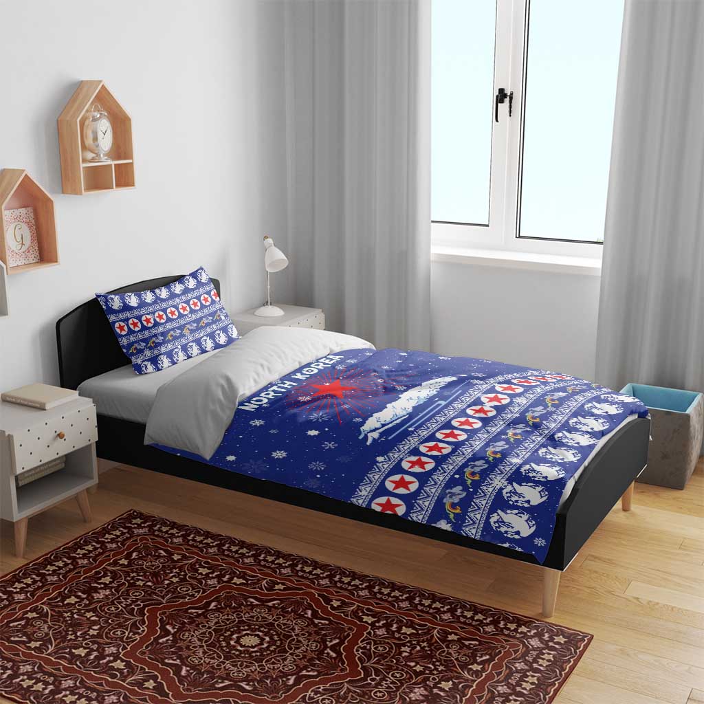 North Korea Christmas Bedding Set with Blue Pattern, Red Star, and Snowy Mountain Motif - Wonder Print Shop