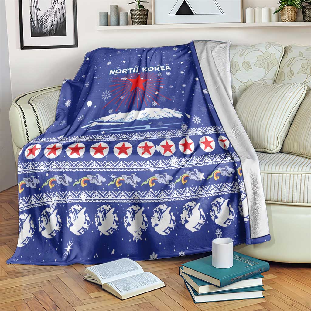 North Korea Christmas Blanket with Blue Pattern, Red Star, and Snowy Mountain Motif - Wonder Print Shop