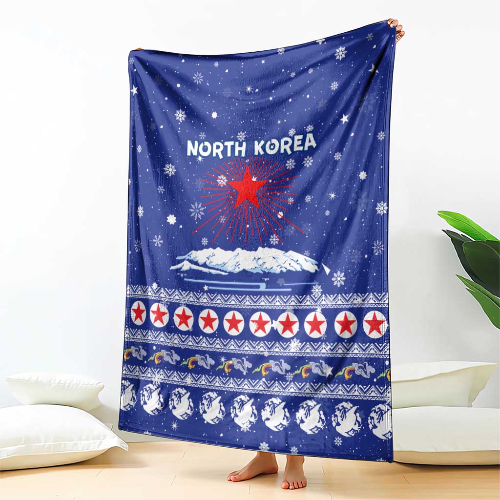 North Korea Christmas Blanket with Blue Pattern, Red Star, and Snowy Mountain Motif - Wonder Print Shop