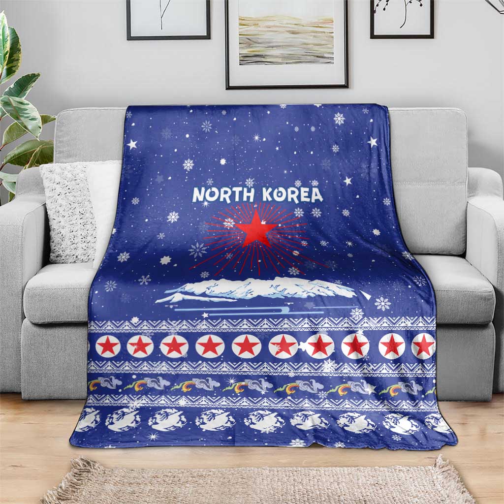 North Korea Christmas Blanket with Blue Pattern, Red Star, and Snowy Mountain Motif - Wonder Print Shop