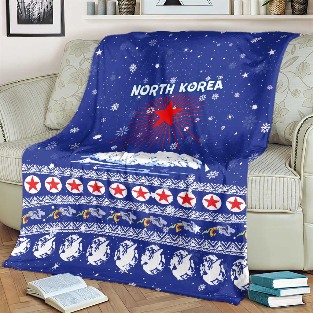 North Korea Christmas Blanket with Blue Pattern, Red Star, and Snowy Mountain Motif - Wonder Print Shop