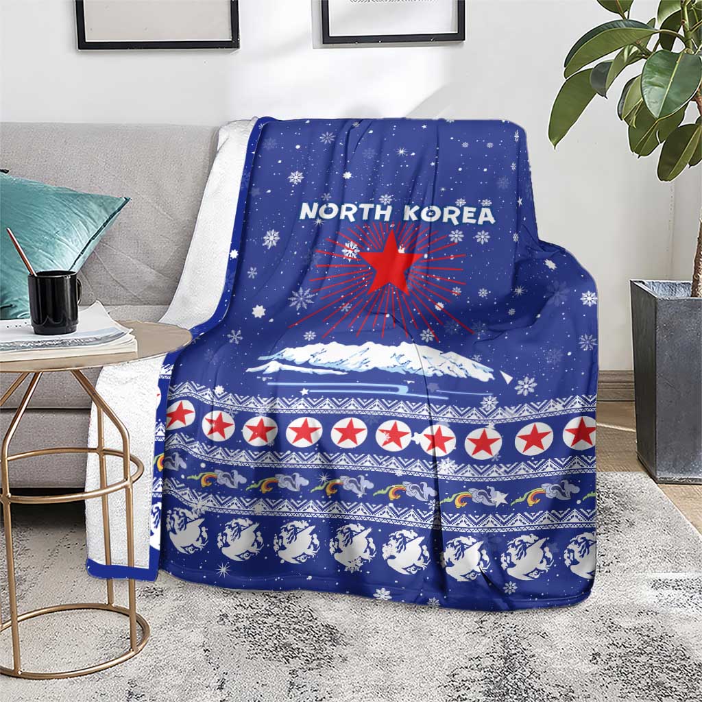 North Korea Christmas Blanket with Blue Pattern, Red Star, and Snowy Mountain Motif - Wonder Print Shop