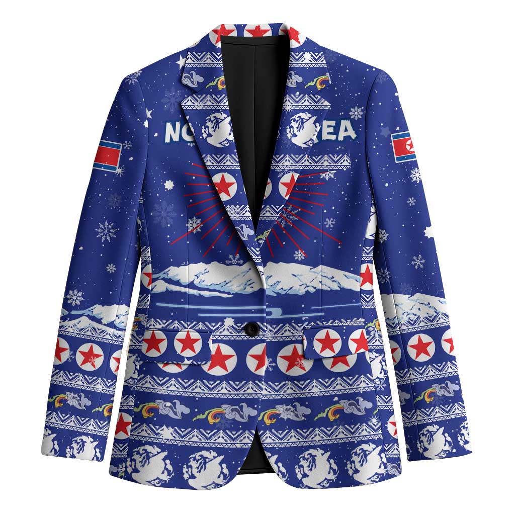 North Korea Christmas Blazer with Blue Pattern, Red Star, and Snowy Mountain Motif - Wonder Print Shop