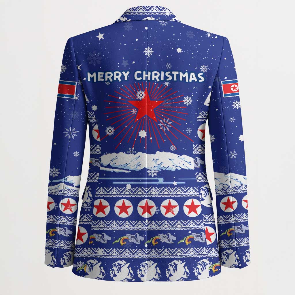 North Korea Christmas Blazer with Blue Pattern, Red Star, and Snowy Mountain Motif - Wonder Print Shop