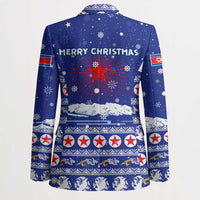 North Korea Christmas Blazer with Blue Pattern, Red Star, and Snowy Mountain Motif - Wonder Print Shop