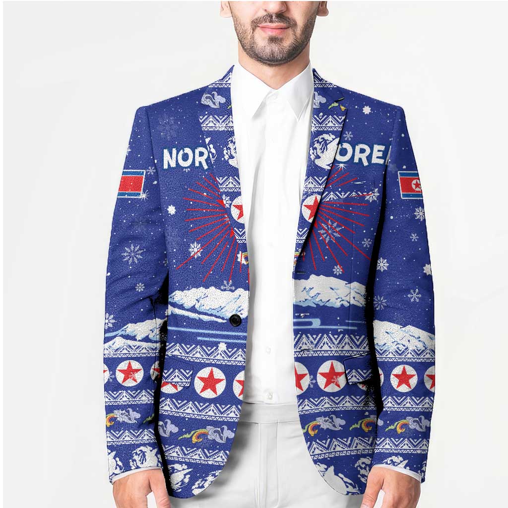 North Korea Christmas Blazer with Blue Pattern, Red Star, and Snowy Mountain Motif - Wonder Print Shop