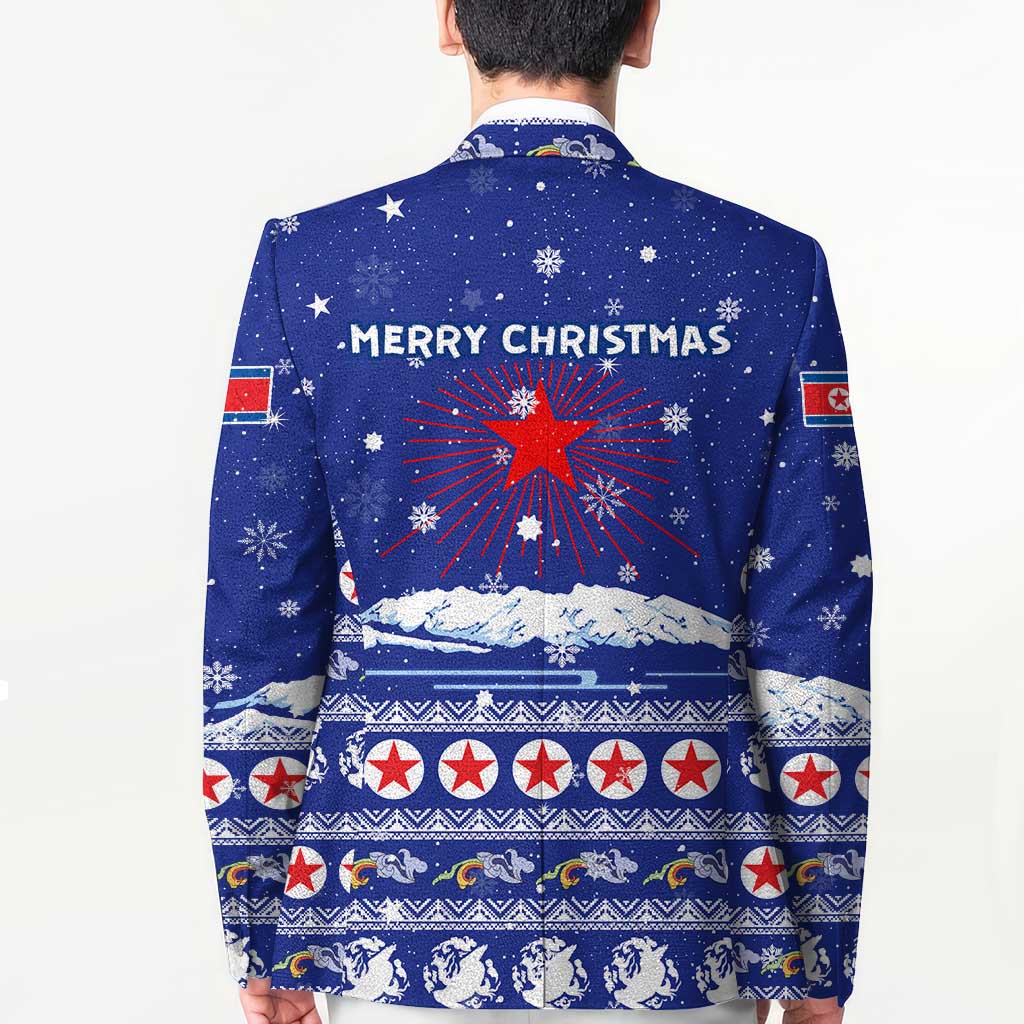 North Korea Christmas Blazer with Blue Pattern, Red Star, and Snowy Mountain Motif - Wonder Print Shop