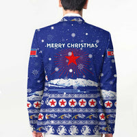 North Korea Christmas Blazer with Blue Pattern, Red Star, and Snowy Mountain Motif - Wonder Print Shop