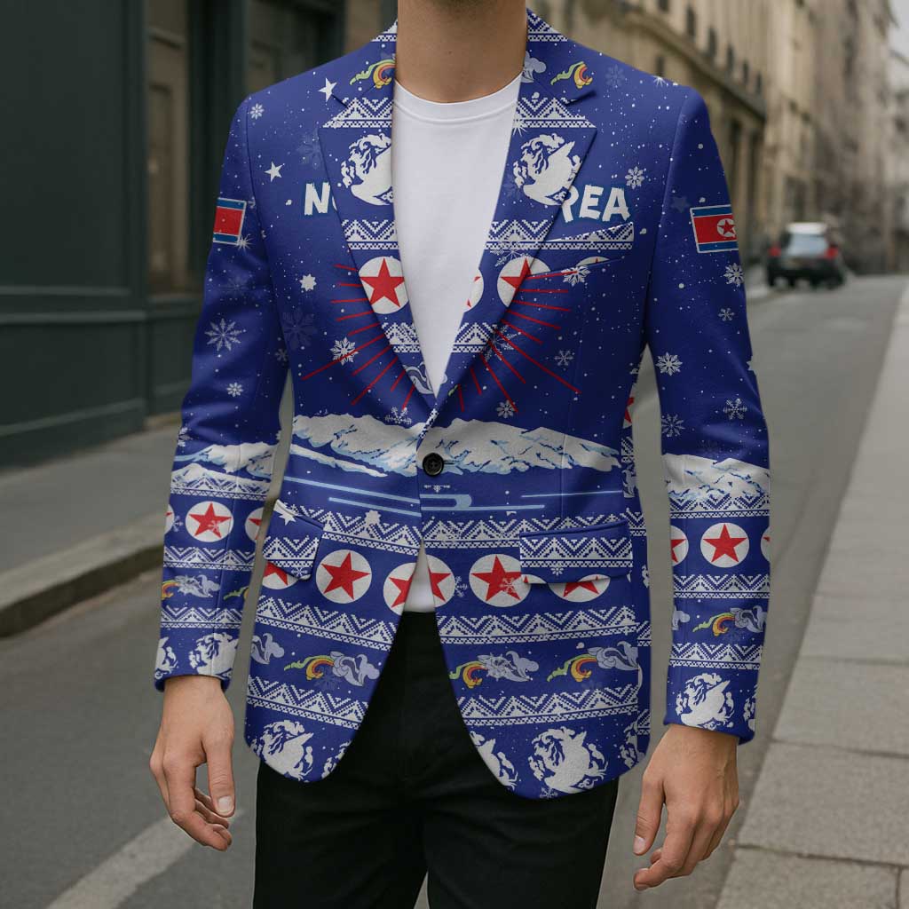 North Korea Christmas Blazer with Blue Pattern, Red Star, and Snowy Mountain Motif - Wonder Print Shop