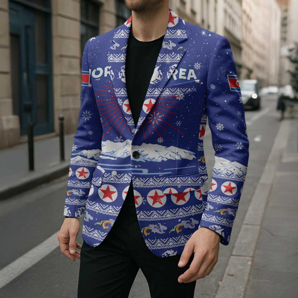 North Korea Christmas Blazer with Blue Pattern, Red Star, and Snowy Mountain Motif - Wonder Print Shop