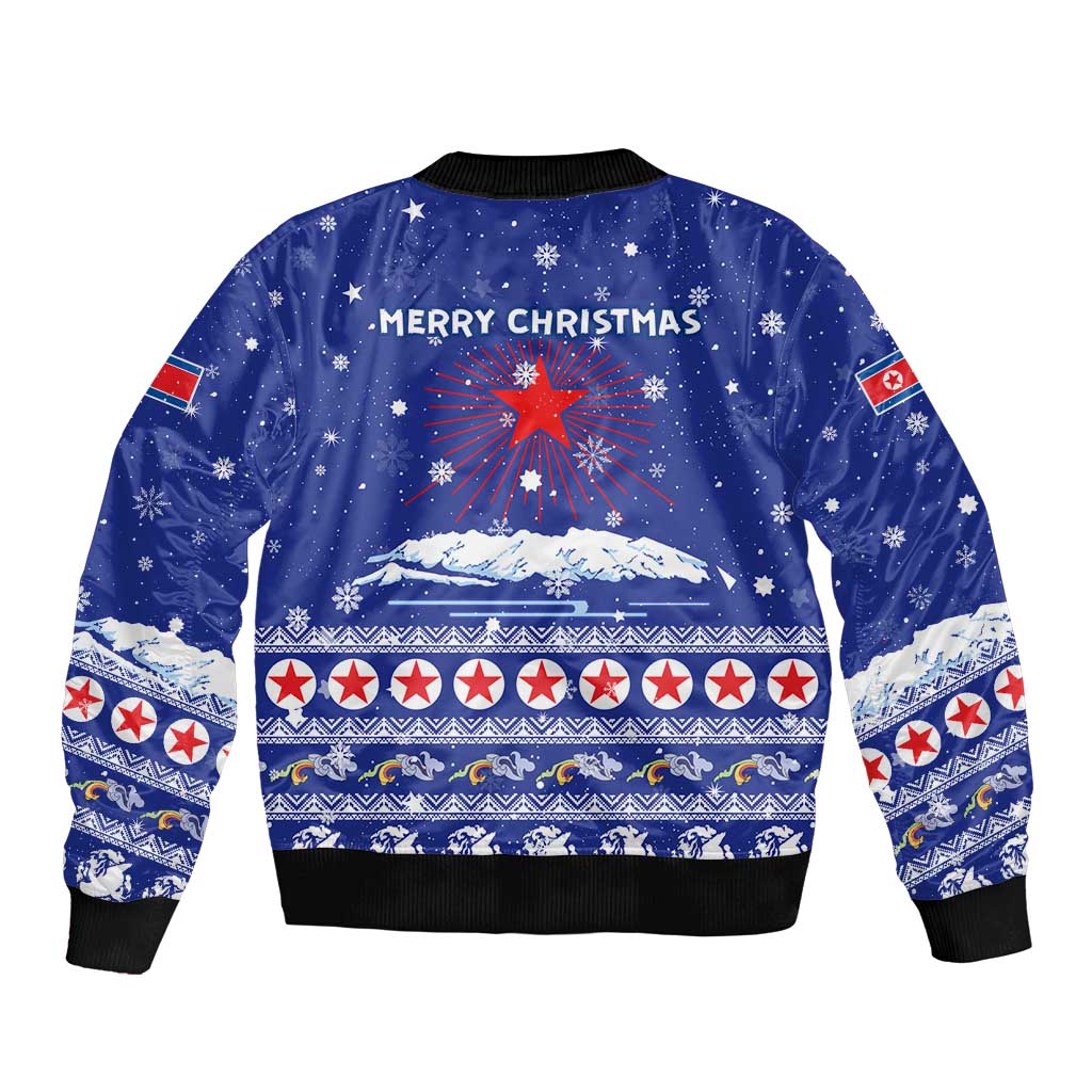 North Korea Christmas Bomber Jacket with Blue Pattern, Red Star, and Snowy Mountain Motif - Wonder Print Shop