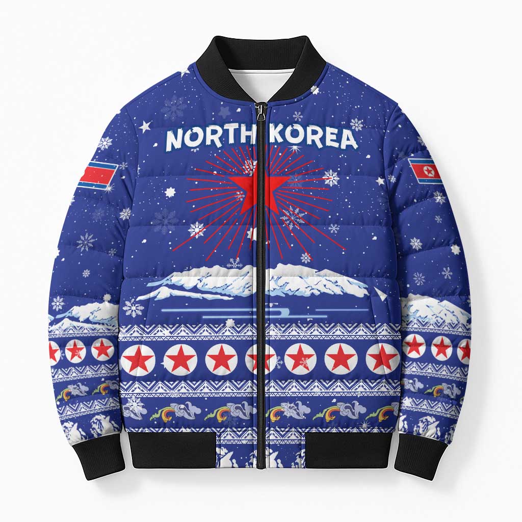North Korea Christmas Bomber Puffer Jacket with Blue Pattern, Red Star, and Snowy Mountain Motif - Wonder Print Shop