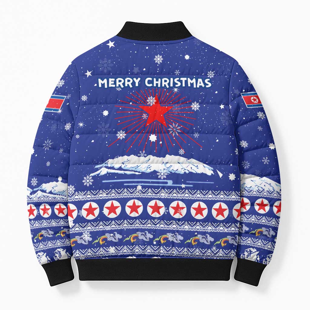 North Korea Christmas Bomber Puffer Jacket with Blue Pattern, Red Star, and Snowy Mountain Motif - Wonder Print Shop