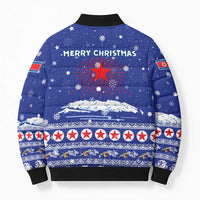 North Korea Christmas Bomber Puffer Jacket with Blue Pattern, Red Star, and Snowy Mountain Motif - Wonder Print Shop