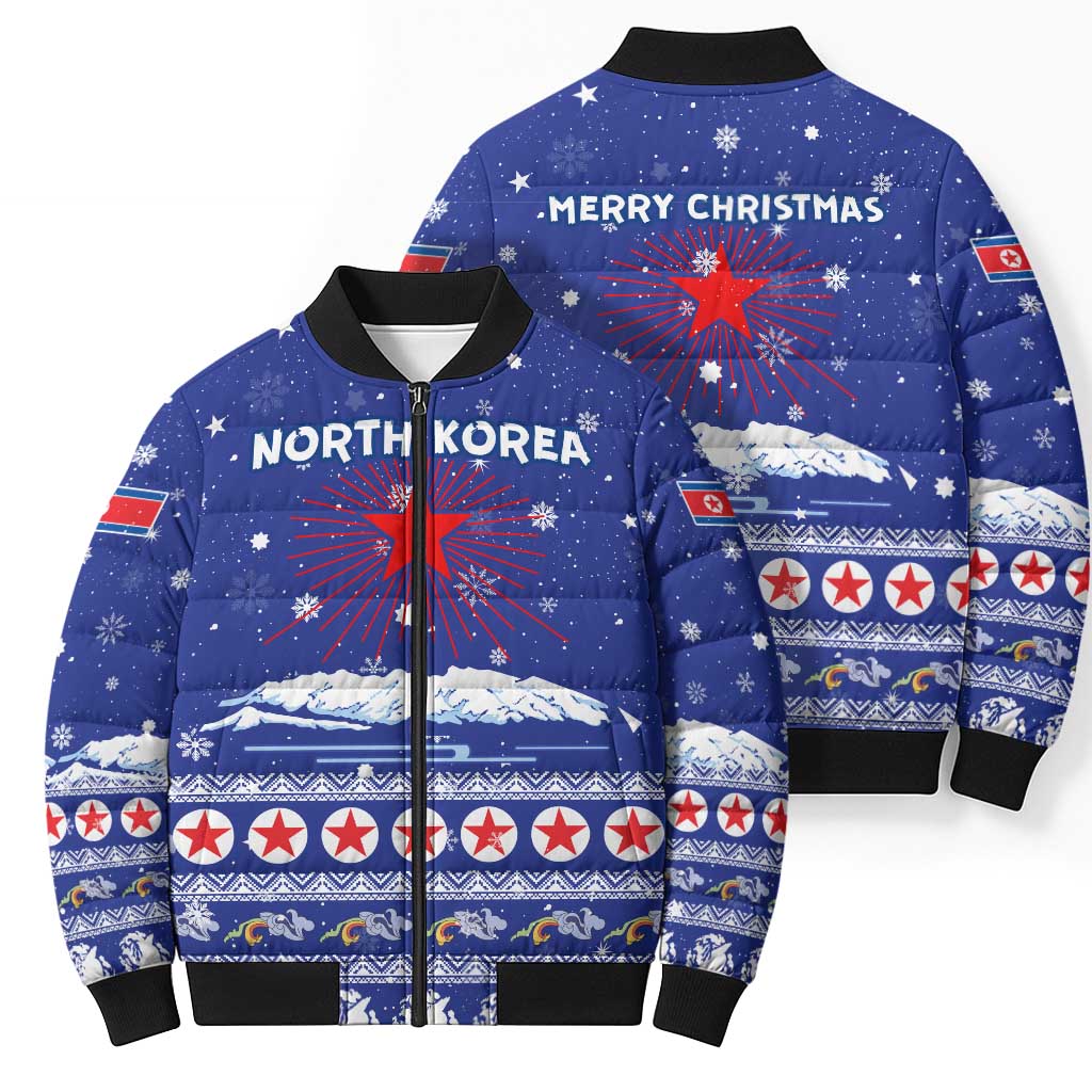 North Korea Christmas Bomber Puffer Jacket with Blue Pattern, Red Star, and Snowy Mountain Motif - Wonder Print Shop