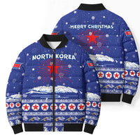 North Korea Christmas Bomber Puffer Jacket with Blue Pattern, Red Star, and Snowy Mountain Motif - Wonder Print Shop