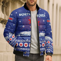 North Korea Christmas Bomber Puffer Jacket with Blue Pattern, Red Star, and Snowy Mountain Motif - Wonder Print Shop