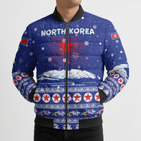 North Korea Christmas Bomber Puffer Jacket with Blue Pattern, Red Star, and Snowy Mountain Motif - Wonder Print Shop