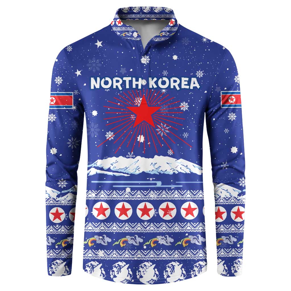 North Korea Christmas Button Sweatshirt with Blue Pattern, Red Star, and Snowy Mountain Motif - Wonder Print Shop