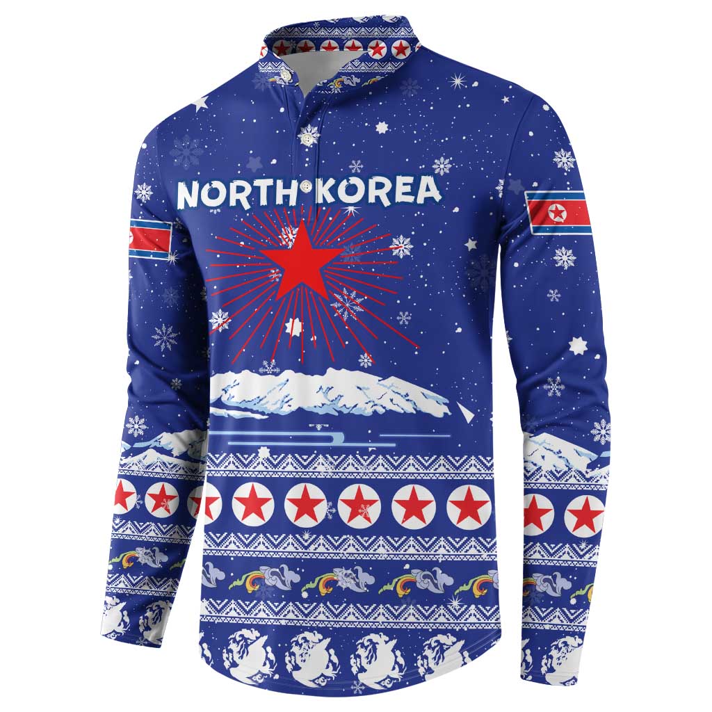 North Korea Christmas Button Sweatshirt with Blue Pattern, Red Star, and Snowy Mountain Motif - Wonder Print Shop
