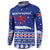 North Korea Christmas Button Sweatshirt with Blue Pattern, Red Star, and Snowy Mountain Motif - Wonder Print Shop