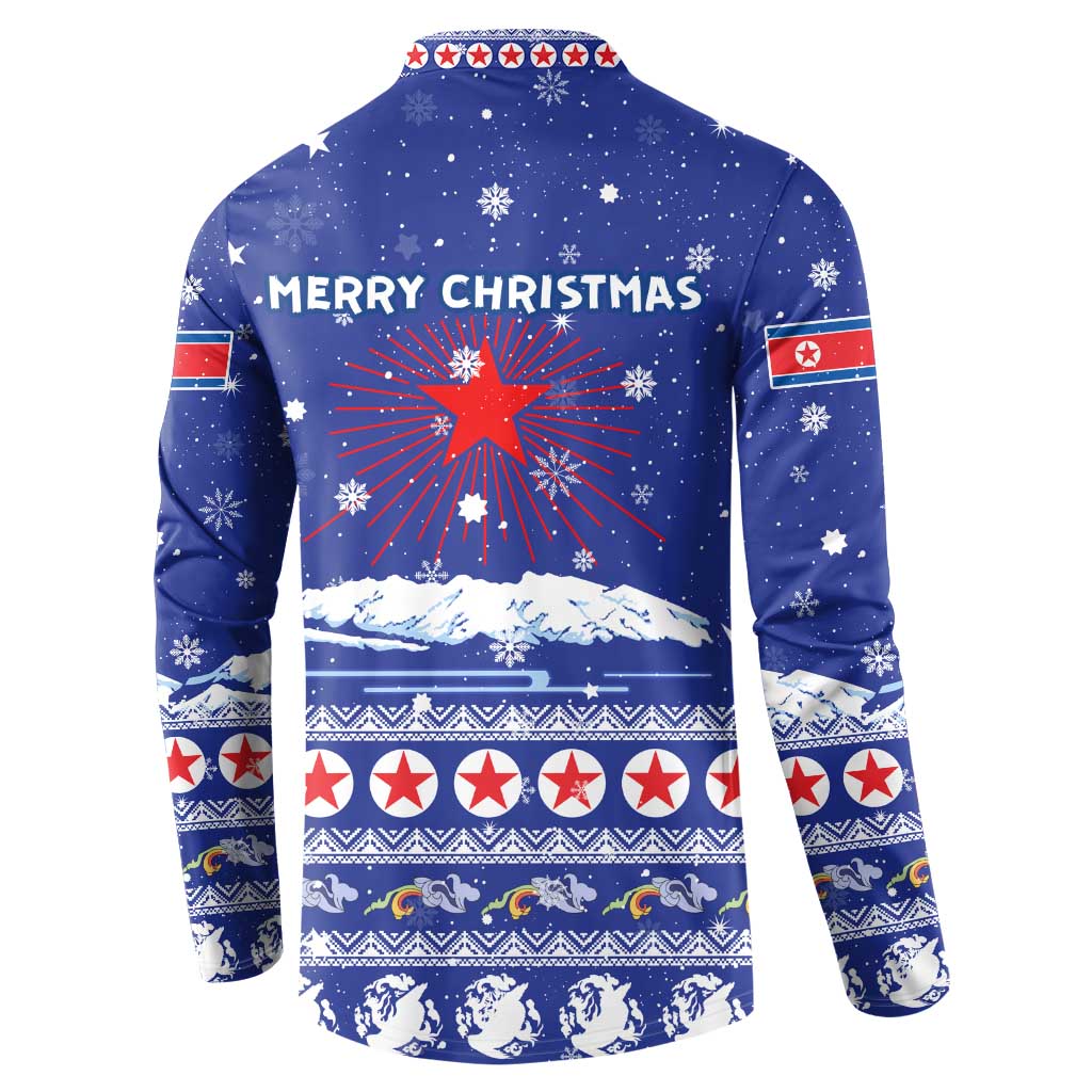 North Korea Christmas Button Sweatshirt with Blue Pattern, Red Star, and Snowy Mountain Motif - Wonder Print Shop