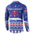 North Korea Christmas Button Sweatshirt with Blue Pattern, Red Star, and Snowy Mountain Motif - Wonder Print Shop