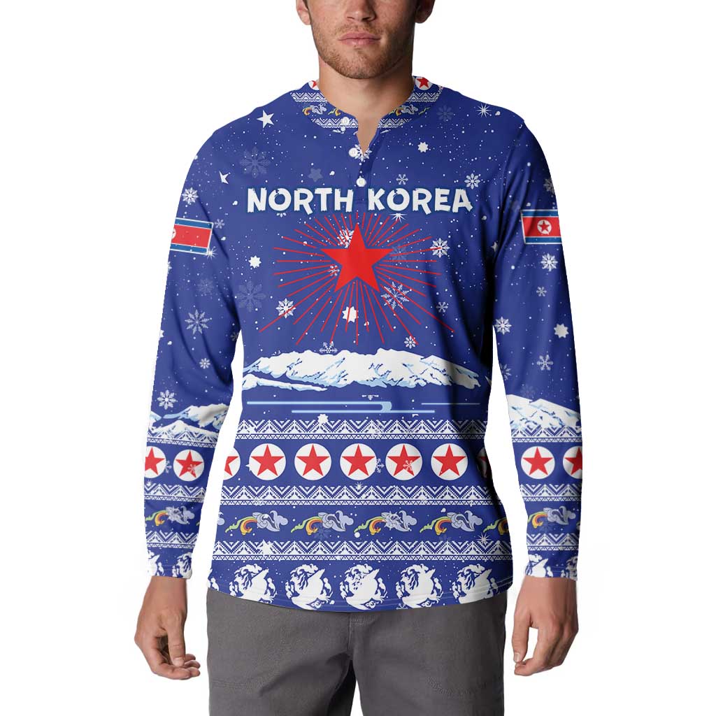 North Korea Christmas Button Sweatshirt with Blue Pattern, Red Star, and Snowy Mountain Motif - Wonder Print Shop