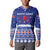 North Korea Christmas Button Sweatshirt with Blue Pattern, Red Star, and Snowy Mountain Motif - Wonder Print Shop