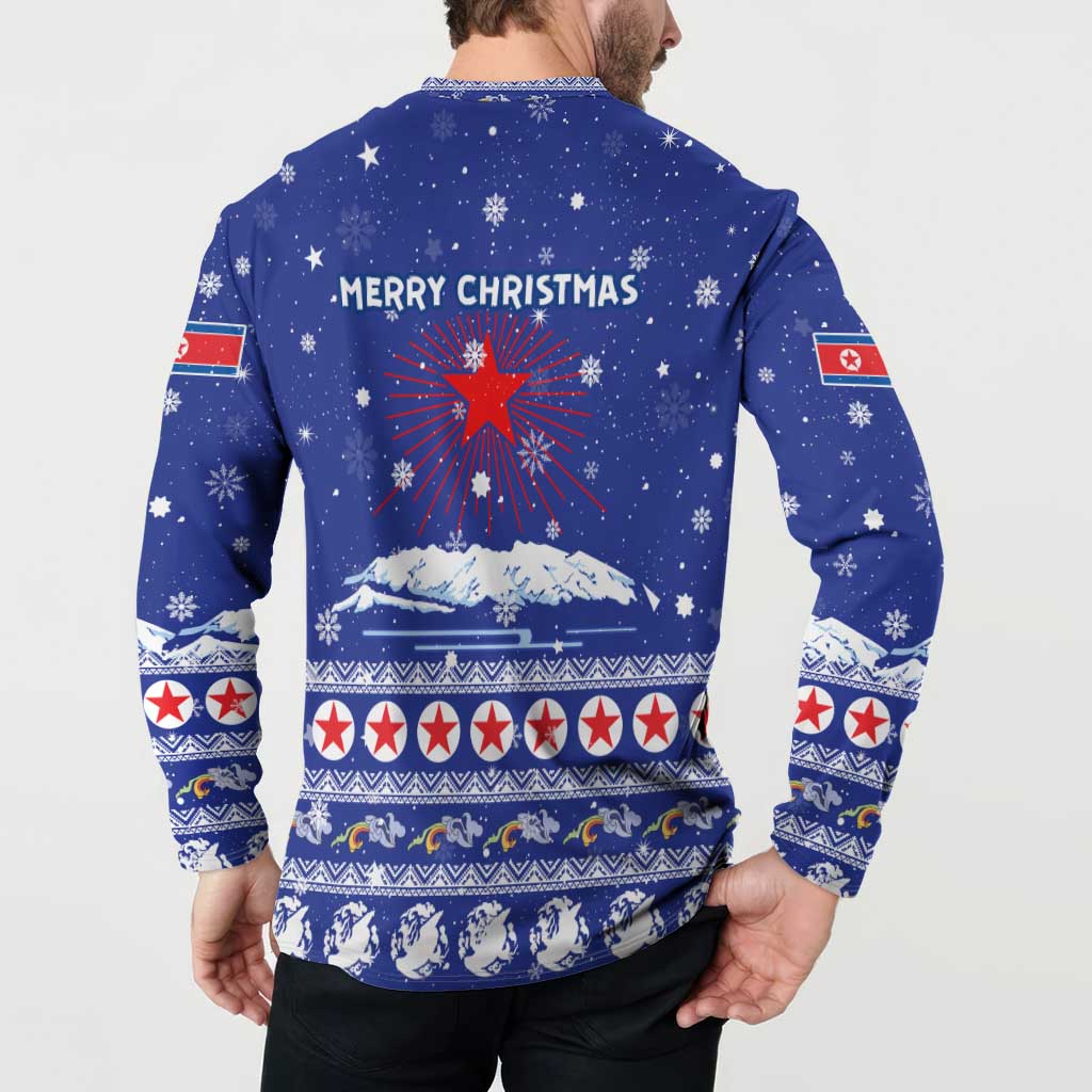 North Korea Christmas Button Sweatshirt with Blue Pattern, Red Star, and Snowy Mountain Motif - Wonder Print Shop