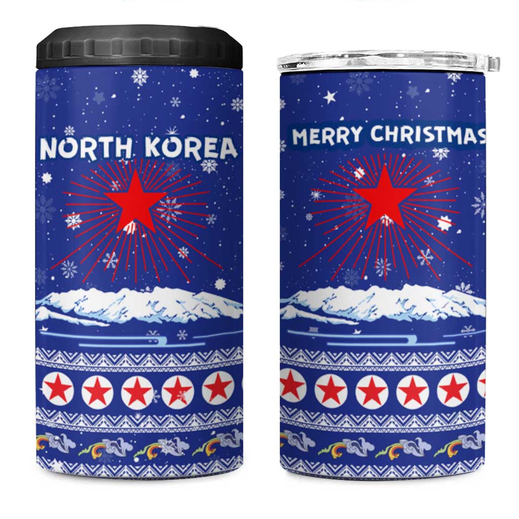 North Korea Christmas 4 in 1 Can Cooler Tumbler with Blue Pattern, Red Star, and Snowy Mountain Motif - Wonder Print Shop