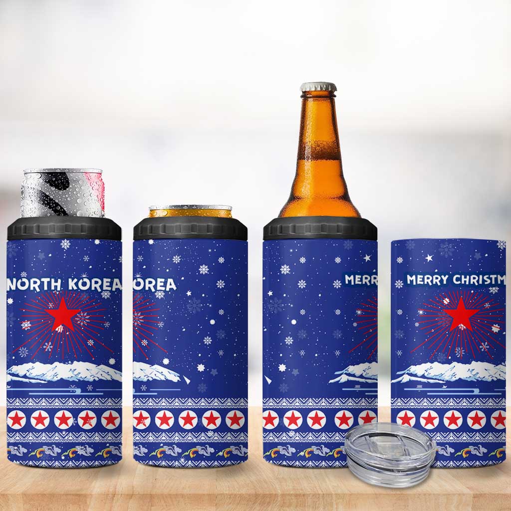 North Korea Christmas 4 in 1 Can Cooler Tumbler with Blue Pattern, Red Star, and Snowy Mountain Motif - Wonder Print Shop
