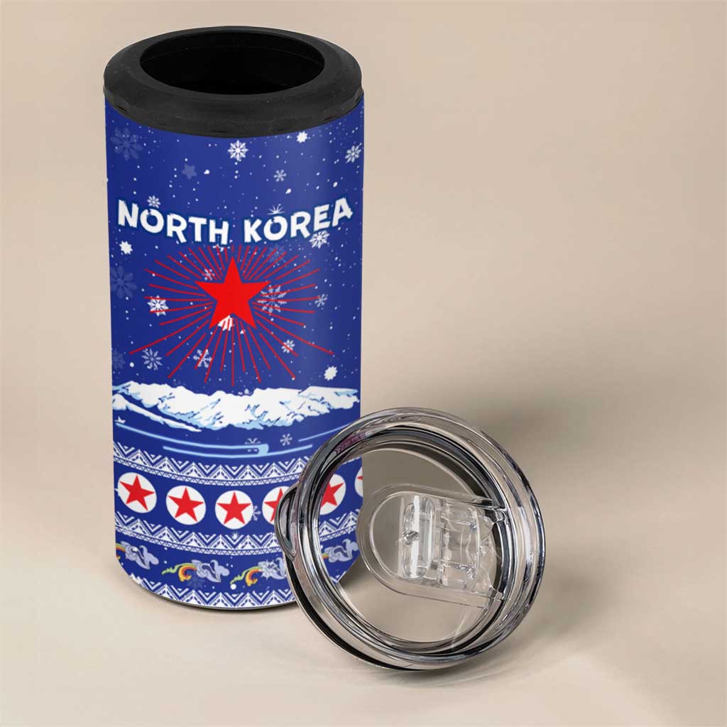 North Korea Christmas 4 in 1 Can Cooler Tumbler with Blue Pattern, Red Star, and Snowy Mountain Motif - Wonder Print Shop